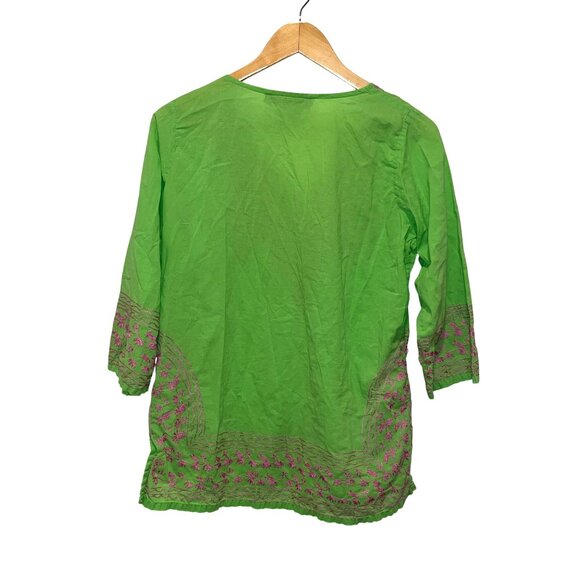 Gretchen Scott Green Cotton Tunic Top Embroidered V-Neck 3/4 Sleeves L boho - Picture 7 of 10